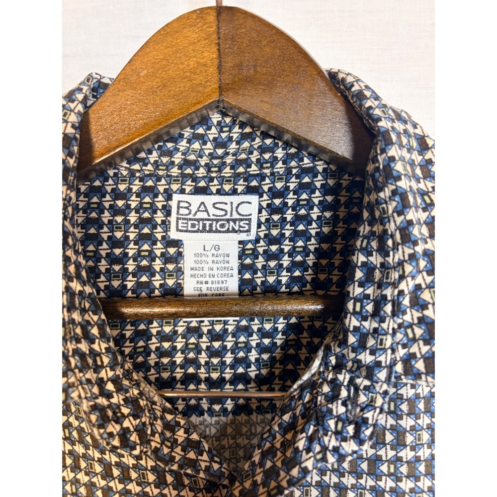 Basic Editions Mens Rayon Short‎ Sleeve Button Up Shirt Geometric Print Blue L - Picture 7 of 12